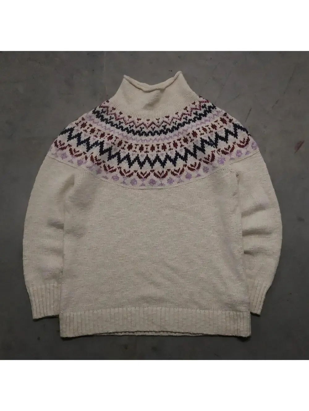 L.L. Bean Fair Isle Sweater Womens Medium Mock Neck Cotton Cream Nordic Knit - Picture 1 of 8